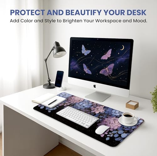 Aesthetic Desk Mat, Cute Midnight Hydrangea Desk Pad Protector for Work & Decor, 31.5" x 11.8", Pretty Non-Slip Extended Mouse Pad for Office or Home