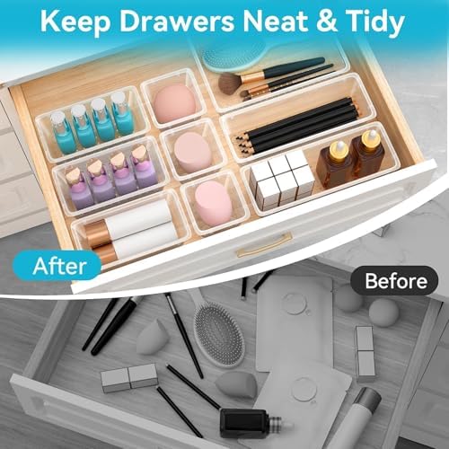 12 PCS Drawer Organizer Set, Makeup Organizers, Tool Storage Trays, Clear