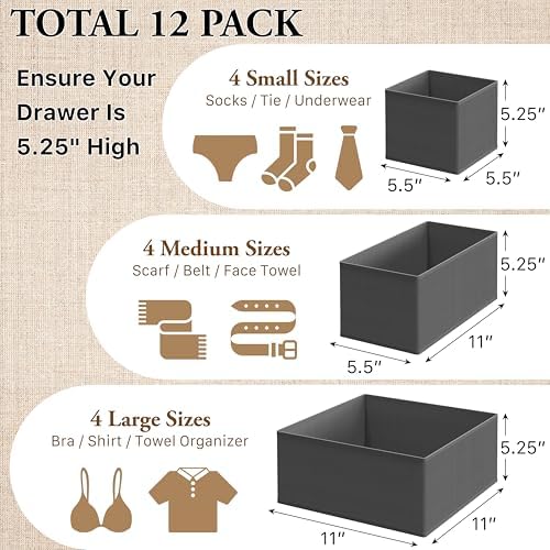 Simple Houseware Foldable Drawer Organizer Bin, Set of 12, Dark Gray