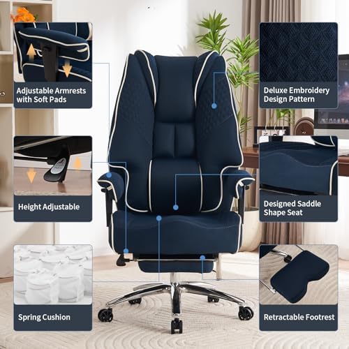EXCEBET Big and Tall Office Chair 400lbs Wide Seat, Leather High Back Executive Office Chair with Foot Rest, Ergonomic Chairs Lumbar Support for Lower Back Pain Relief (Mesh Dark Blue)