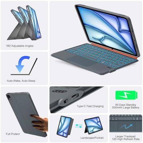 iPad Air 11 inch Case with Keyboard (M4/M3/M2, 2026/2025/2024), Pro 11, iPad A16 11th/10th, Magnetic Detachable Keyboard, Trackpad, Backlit, Adjustable Stand, Slim for Air 5th/4th Gen 10.9 inch (Gray)