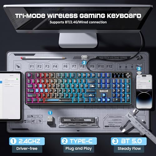 Redragon RM104 Wireless Gaming Keyboard with Knob, Tri-Mode BT/2.4G/USB-C RGB Computer Keyboards, 4000mAh Battery, Programmable Software Support, Anti-Ghosting, Compatible with PC Mac - Black & Blue