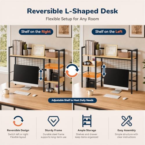 Desk Shelf, 38.6" Desk Hutch with Pegboard Hooks Set, Natural