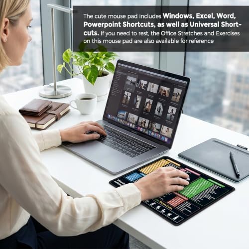 KONVINIT Ergonomic Mouse Pad with Wrist Rest, Small Excel Cheat Sheet Desk Pad with Windows & Office & Excel Shortcuts, Non-Slip Rubber Base Mouse Pads for Desk with Smooth Surface, Black