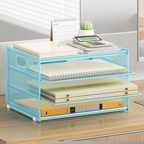 4 Tier Paper Organizer with Handle,Letter Tray Blue Desk Organizer Set