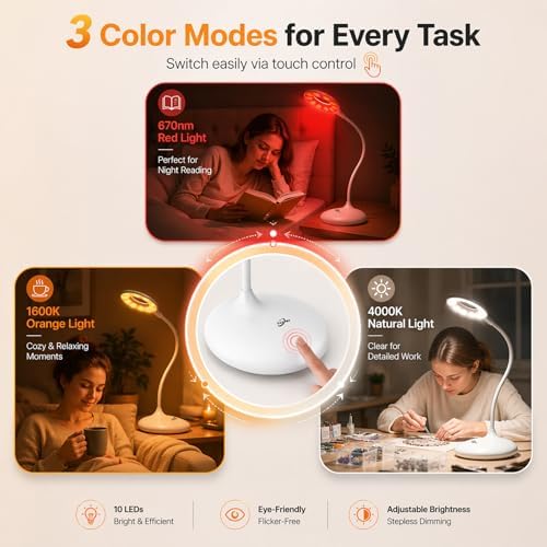 Desk Lamp with 670nm Red Light Therapy for Reading Sleep Bedroom