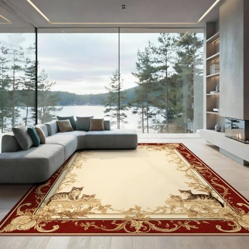 8'x10' Ivory Cat Crimson Motif with Swirls Ultra-Soft Area Rug