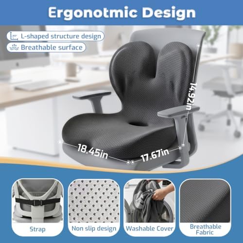 Memory Foam Seat Cushion,Orthopedic Ergonomic Seat Cushions for Tailbone,Sciatica, and Back Pressure Relief,L-Shaped Design & Adjustable Strap,Lumbar Support Pillow for Office,Car,Desk Chair