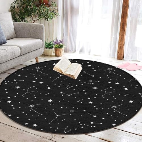 Large Home Decor Mat, Soft Round Yoga Carpet, Non-Slip Machine Washable Kitchen Office Circle Rug Compatible with Zodiac Constellation Galaxy Black Starry Night Stars Glow Dark Midnight