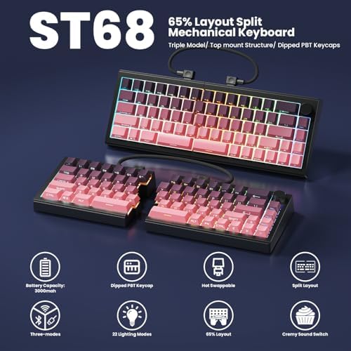ZORNHER ST68 Wireless Ergonomic Split Mechanical Keyboard,65% Pink & Purple Creamy Thocky TKL Gaming Keyboard with Knob,Lighted Up PBT Keycaps,Cream Switches