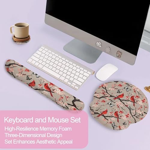 Cardinal Cherry Blossom Butterfly Keyboard Wrist Rest Pad and Mouse Pad Wrist Support Set,3-in-1 Ergonomic Mouse Pad with Non-Slip Rubber Base for Home Office Game Computers Desk,