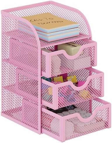 EasyPAG Mesh Desk Organizer with 3 Drawer Office Desktop Organizers and Accessories Stationery Caddy for Office, Home, Students, Pink