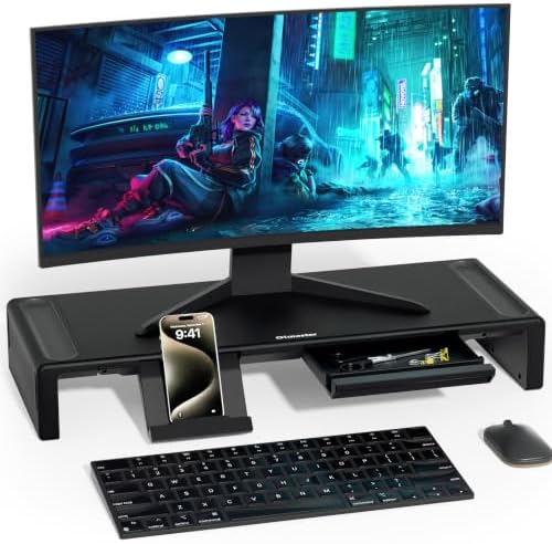 Adjustable Monitor Riser with Drawer & Phone Holder, Foldable Desk Stand