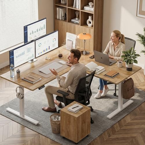 Grandder 63 x 55 Inch L Shaped Standing Desk, Electric Height Adjustable Corner Stand Up Desk, Sit Stand Corner Table Home Office Table, Oak Top White Frame