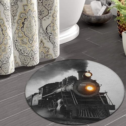 Fashion Round Area Rug Large Non Slip Carpet Unisex Home Decor Mat Black Steam Train