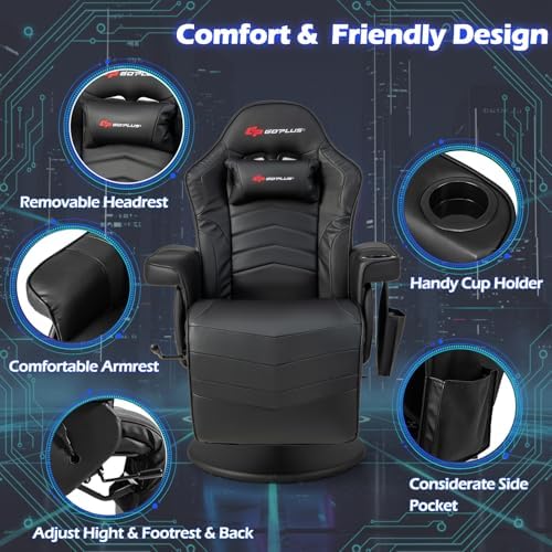 POWERSTONE Gaming Recliner, Adjustable Massage Gaming Chair with Cup Holder Footrest Ergonomic Single Sofa Living Room Home Theater Seating with Side Pouch (Black)