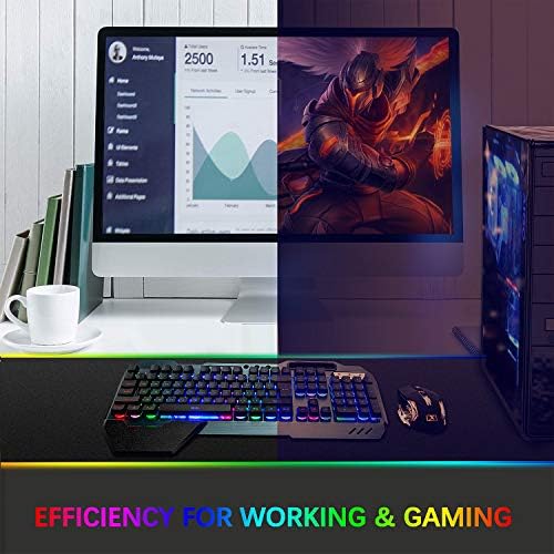 Wireless Gaming Keyboard and Mouse,Rainbow Backlit Rechargeable Keyboard Mouse with 3800mAh Battery Metal Panel,Removable Hand Rest Mechanical Feel Keyboard and 7 Color Gaming Mute Mice for PC Gamers