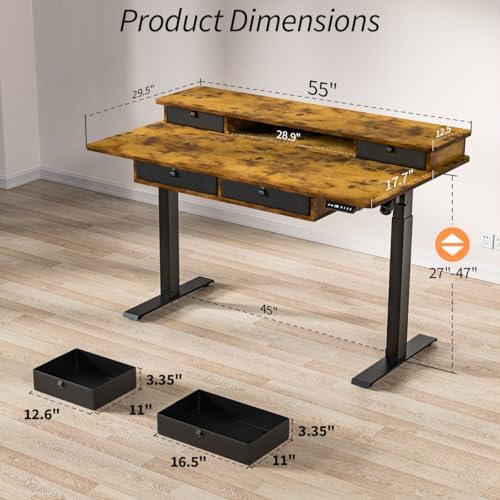 Kingant Electric Standing Desk with 4 Drawers, Height Adjustable 55"x 30"