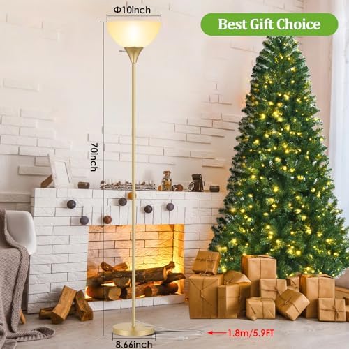 Coucrek Floor Lamp, LED Standing Lamps with White Plastic Shade, Corner Floor Lights for Living Room Bedroom, Rotary Switch, Bulb not Included, Gold