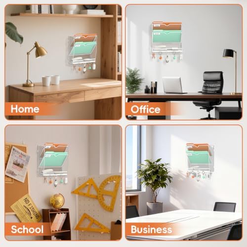 Wall File Holder Hanging Wall File Organizer, Wall Mount Mail Holder and Paper Organizer with Bottom Shelf & 5 Hooks for Office Home School (3-Tier White)