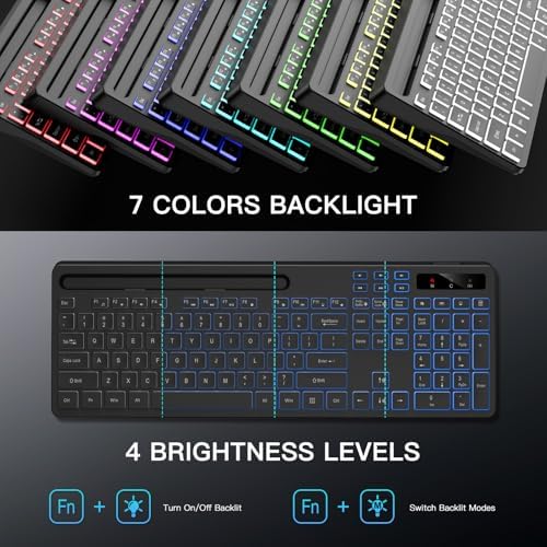 Soueto Wireless Keyboard with 7 Colors & 4 Modes RGB Backlit, Ergonomic Keyboard with Wrist Rest, Phone Tablet Holder, 2.4G Light Up Computer Keyboard with Numeric Keypad for Mac, Windows