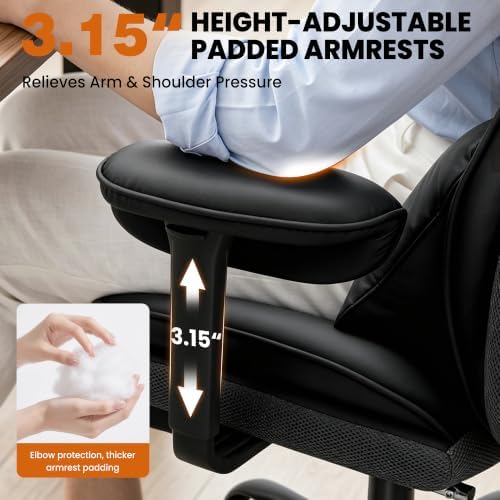 Office Desk Chair, Big and Tall Gaming Chair with Foot Rest, Ergonomic High Back Computer Chair with Soft Adjustable Armrests, Lumbar Support Pillow, Executive Leather Chair (PU, Black)