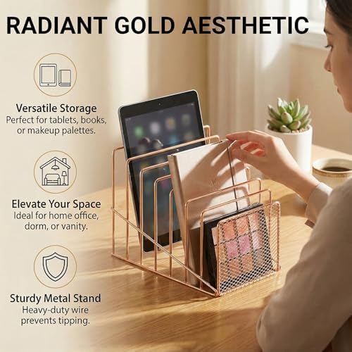 2 Pcs Incline File Sorter, 7 Slot Magazine Holder for Letter, Document, Folder and Book, Metal Desktop Organizer Rack for Home, School and Office (2-rose gold)