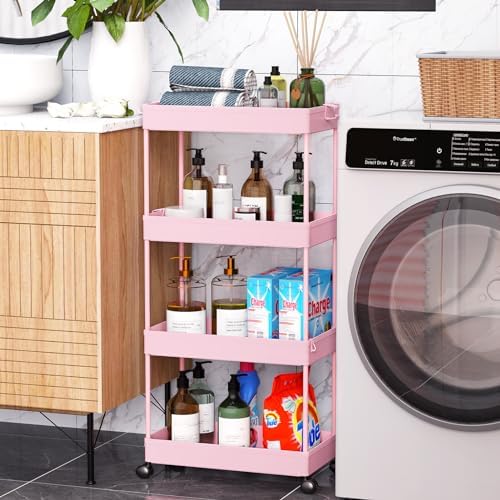 SPACELEAD 4 Tier Rolling Cart with Wheels, Storage Craft Art Trolley Organizer Serving, 3 Hanging Baskets Easy Assembly, for Office, Living Room, Kitchen