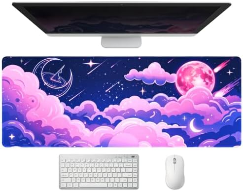 Extended Cute Kawaii Desk Mat, XL Large Gaming Mouse Pad, Pink Galaxy Cloud Moon Stitched Edges Waterproof with Non-Slip Rubber Base for Computer Keyboard Laptop Work Home Office 31.5"x11.8"