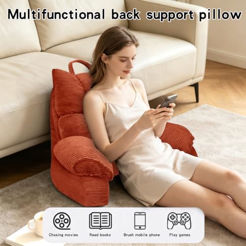 Reading Pillow for Bed with Arms, Back Support, Memory Foam（Bright Orange）