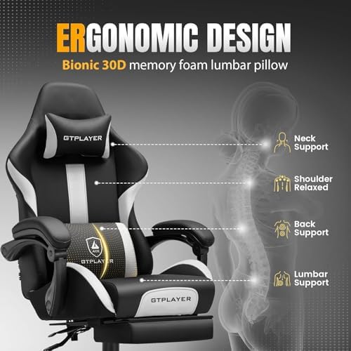 GTPLAYER Gaming Chair with Pocket Spring Cushion, Leather Office Chair with Ergonomic High Back & Lumbar Support for Back Pain Relief, Computer Game Chair for Adults, White/Black