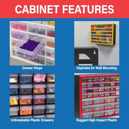 Akro-Mils 64-Drawer Plastic Storage Cabinet, 20" W x 6" D x 16" H, Red
