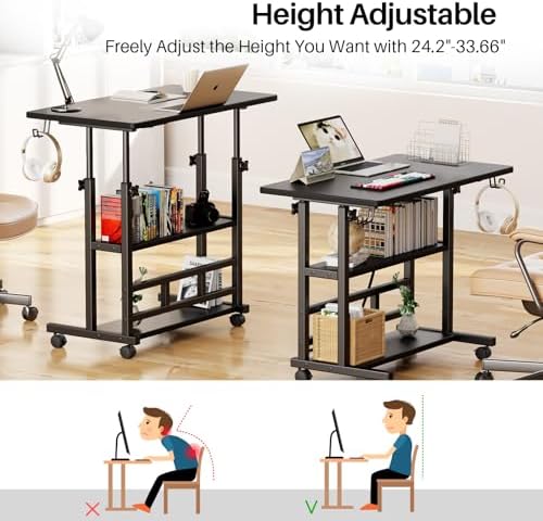 Adjustable Height Standing Desk, Rolling Stand Up Desk with Storage Shelves, 31.5" Small Mobile Computer Desk, Portable Laptop Table (Simple Black)