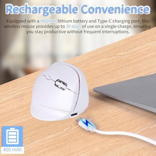 Bluetooth Wireless Vertical Mouse - Ergonomic Design, Rechargeable with Type-C, Silent Operation for Office and Home Use, Ideal for Professionals & Students (White)