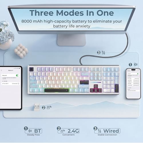 Redragon K771 Wireless Mechanical Keyboard, 108-Key Gaming Keyboard with 4 Extra Hotkeys, 5-Layer Noise Dampening, Pre-lubed Linear Switches, Hot-swap Custom RGB Keyboard for PC/Mac - Blue&White