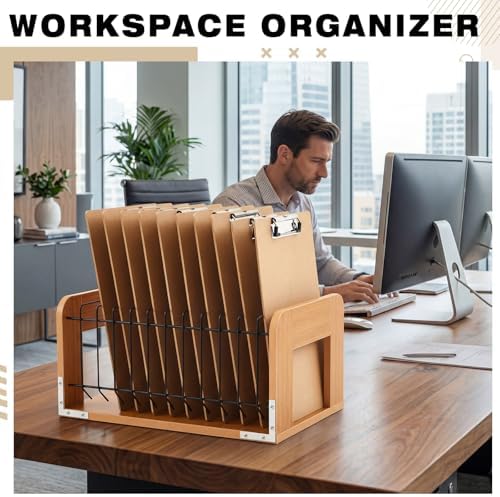 1 Pcs Vertical Clipboard Holder, 12Slot Clipboard Storage Rack, Bamboo Wood
