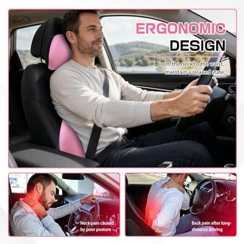 2PCS Car Neck Pillow and Lumbar Support Pillow Set, Ergonomic Memory Foam Back & Neck Support Pillows for Car Seat, Office Chair, Driver Head & Back Cushion and Pain Relief (Pink)