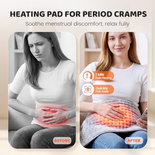 Electric Heating Pad for Back Pain & Period Cramps, 12"x24", Gray
