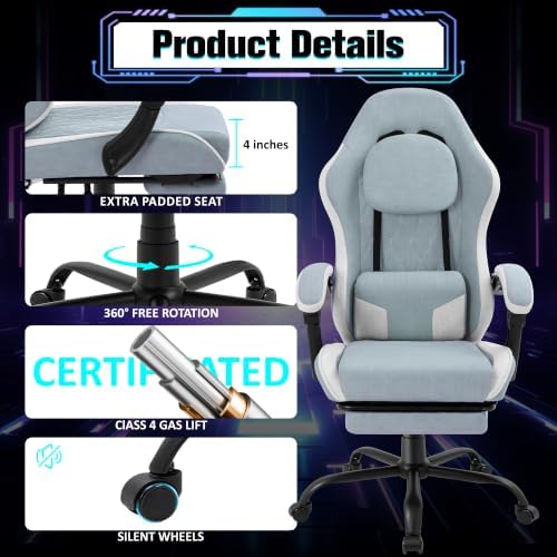 Gaming Chair with Footrest, Ergonomic Fabric Desk Chair, Blue