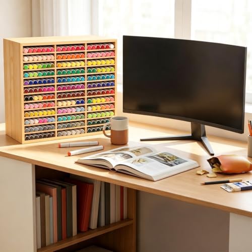 Marker Organizer for 180 Markers Bamboo Wooden Desk Storage Organizer Rack Bamboo Marker-Organizer All-in-One Marker Storage for Art Markers, Brush Pens, Pencils