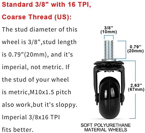 Caster Wheels 2'', Heavy Duty Soft PU Wheels with Threaded Stem 3/8''-16x1(Not Metric M10), Quiet and Smooth Rolling, Safe for Hardwood Tile Carpet Floors, Set of 5