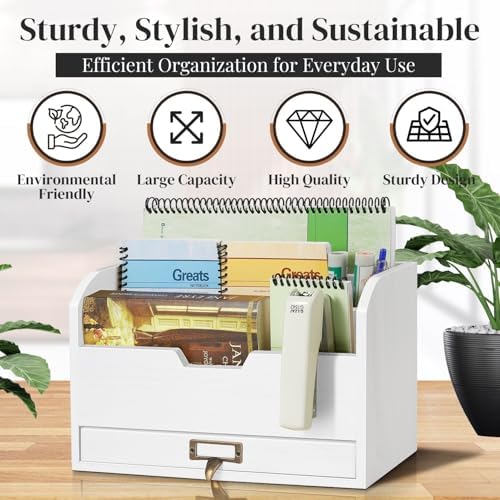 Flexzion Wood Desk Organizer, 3-Tier Mail Organizer with Drawer, Beige Wood