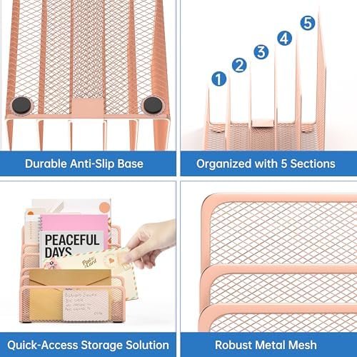Mail Organizer with 5 Slot Mail Holder for Desk Rose Gold