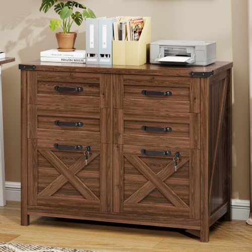 Halitaa Farmhouse Lateral File Cabinet with 6 Drawers, Walnut