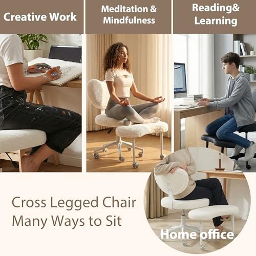 Ergonomic Cross Legged Chair, Meditation Chair Plus with Wheels for ADHD/Fidgety Sitters, Height Adjustable & Lumbar Support, Teddy Fabric, Ivory Home Office Furniture