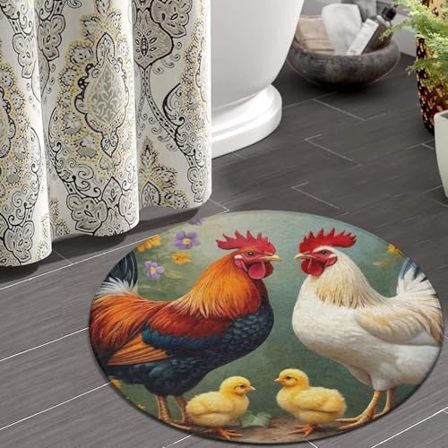 Highly Premium Quality Floor Mat, Office Chair Decor Mat, Room Sofa Yoga Soft Round Carpet Chicken Rooster Garden Sunflowers Painting, 36inch