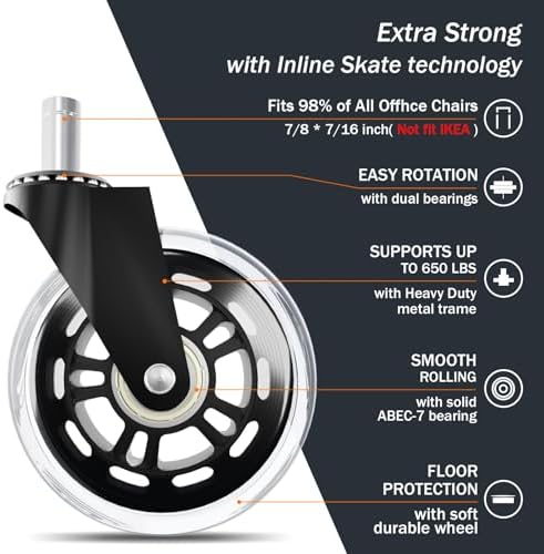 Office Chair Wheels Replacement,3" Rubber Casters 7/16" Stem,Universal fit for Most Rolling/Gaming Chairs,Floor Protection for Carpet/Hardwood/Tile,Smooth&Quiet Rolling,Set of 5 (Transparent)