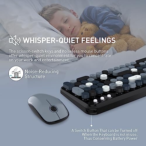 Retro Wireless Keyboard Mouse Combo,Round Keycaps,for PC Laptop,Black Grey