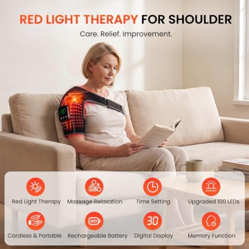 Cordless Red Light Therapy Shoulder Wrap with Vibration Massage, 100-LEDs