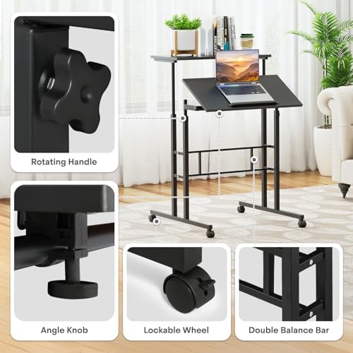 Athena Collection Rolling Standing Desk Small Mobile Table, Black